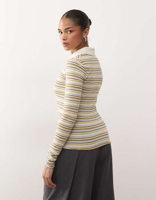 Monki stripe rugby slim fit long sleeve top in yellow, 4 of 4