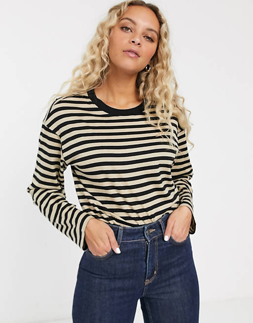Monki striped long sleeve top in beige and black