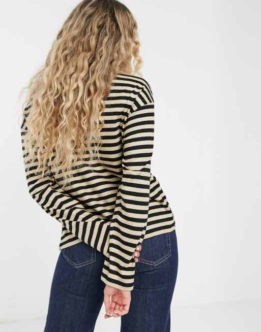 Monki striped long sleeve top in beige and black