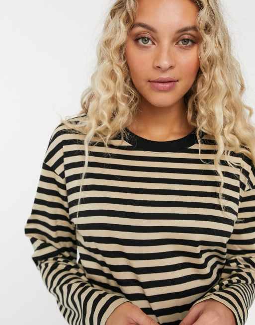 Monki striped long sleeve top in beige and black