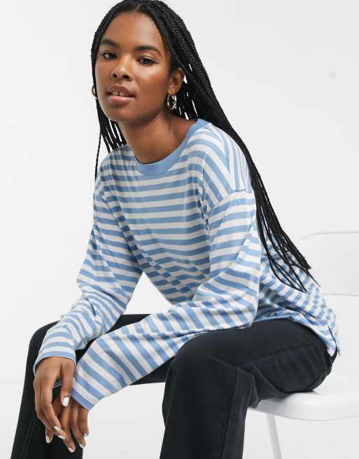 Monki striped long sleeve top in blue and white