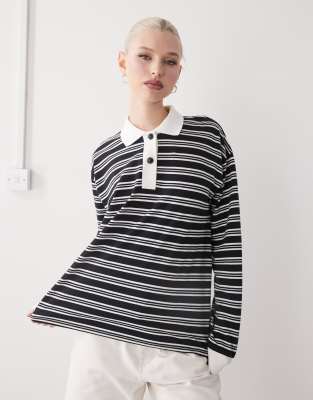 striped rugby long sleeve top in black and white