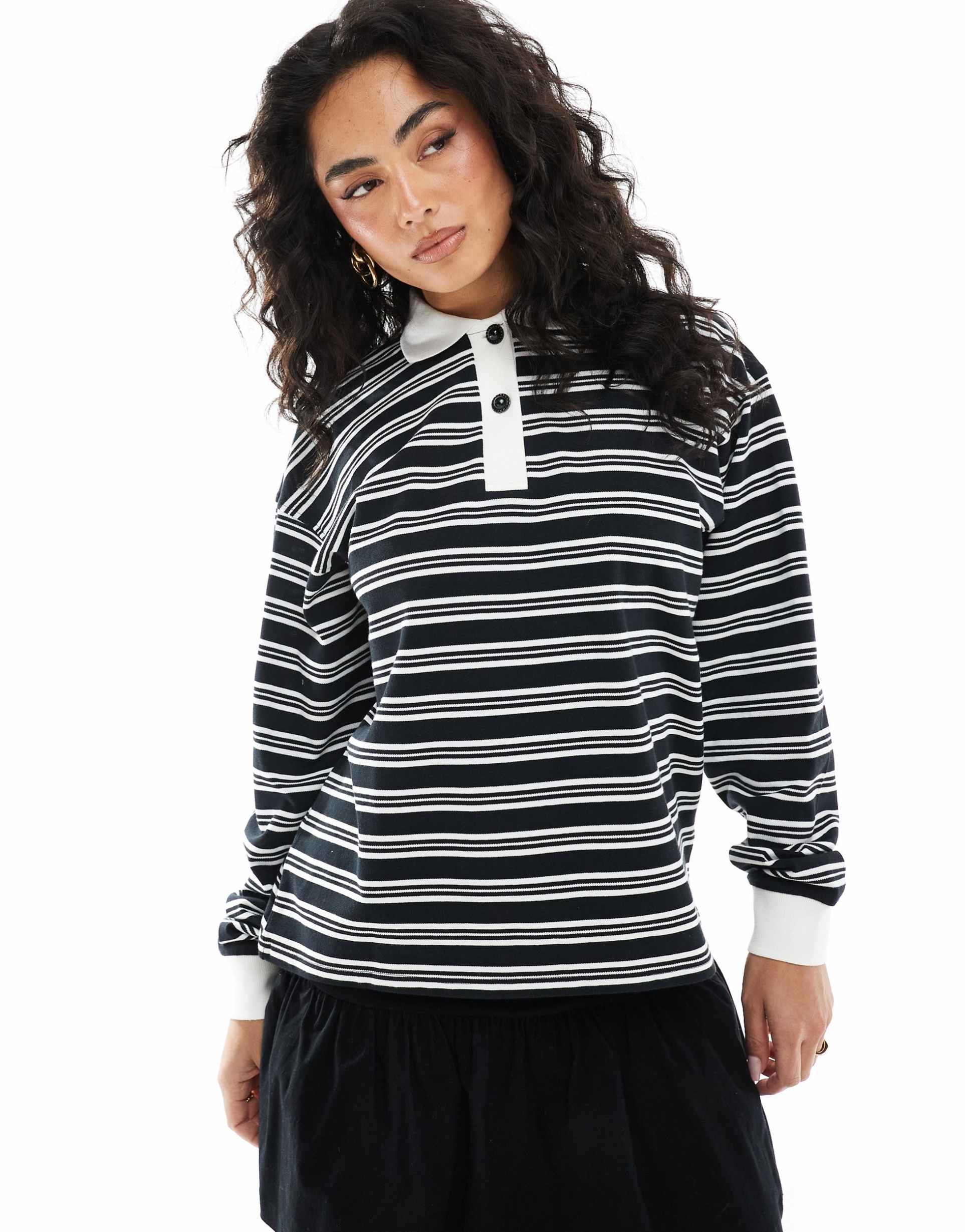 monki striped rugby long sleeve top in black and white