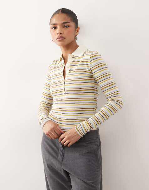 Monki striped slim fit long sleeve rugby top in yellow - view 1