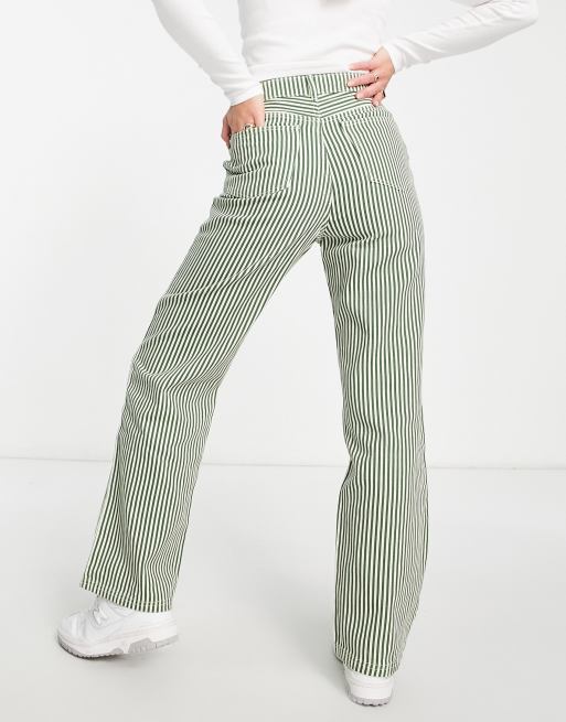 Green white striped store pants