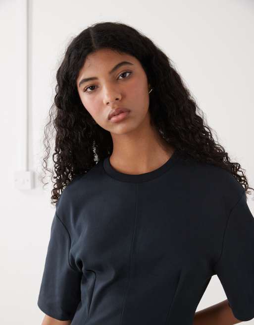 Monki structured cinched waist T-shirt mini dress in black