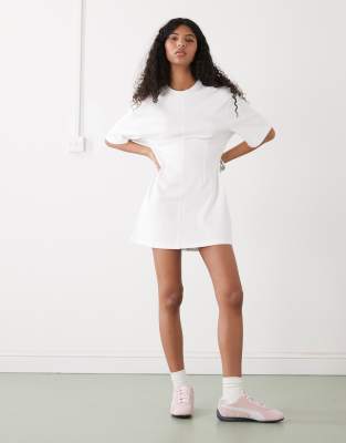Monki Structured Cinched Waist T-shirt Mini Dress In White