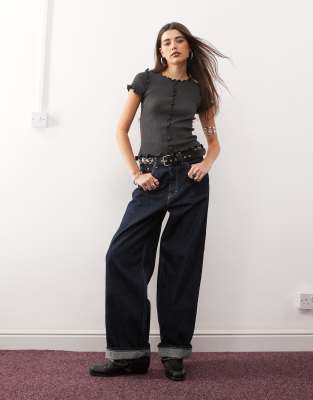 Monki Structured Knitted T-shirt With Ruffle Hem In Gray