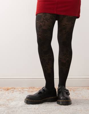 Monki - Strumpfhose aus Spitze in Schwarz mit Blumenmuster