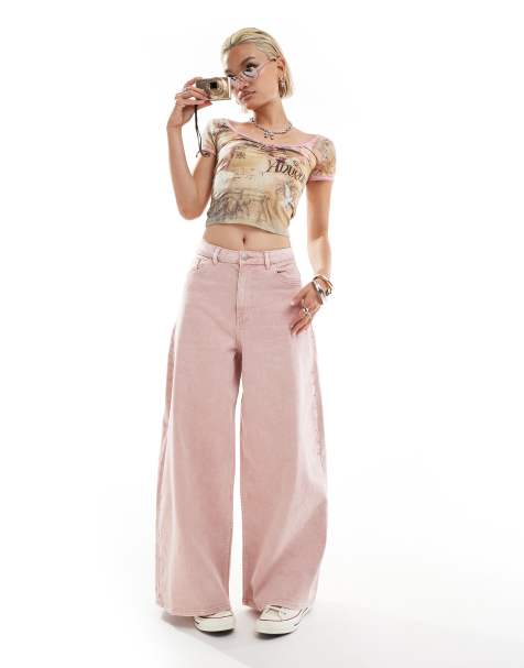 Monki stud flare trousers in pink