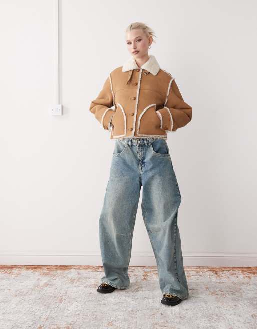 Monki suede aviator jacket with faux shearling trim and collar in brown, 2 of 4