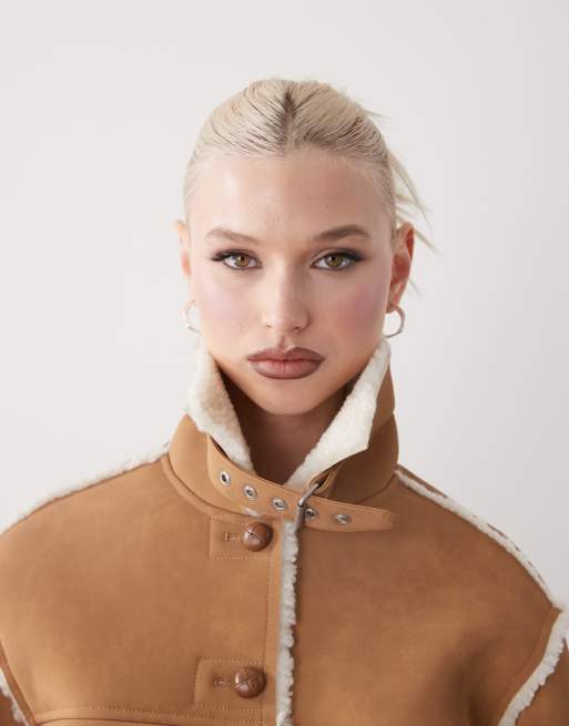 Monki suede aviator jacket with faux shearling trim and collar in brown, 3 of 4