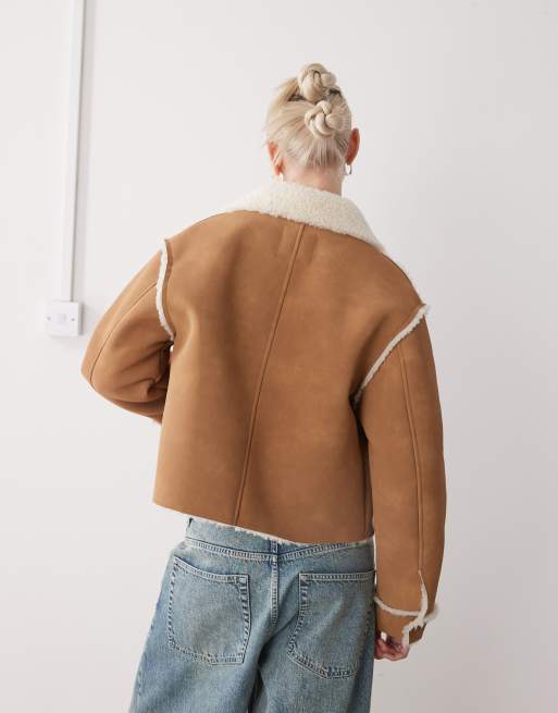 Monki suede aviator jacket with faux shearling trim and collar in brown, 4 of 4