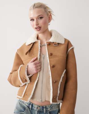 Monki suede aviator jacket with shearling trim and collar in brown