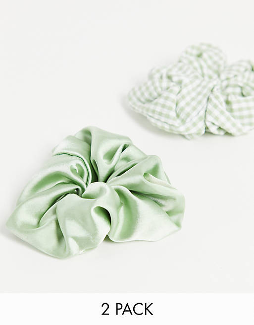Monki Sukey 2 pack gingham and satin hair scrunchie in green
