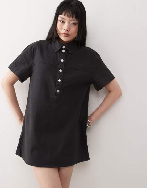 Monki – Sukienka koszulowa oversize z diagonalu w spranym czarnym kolorze - view 1