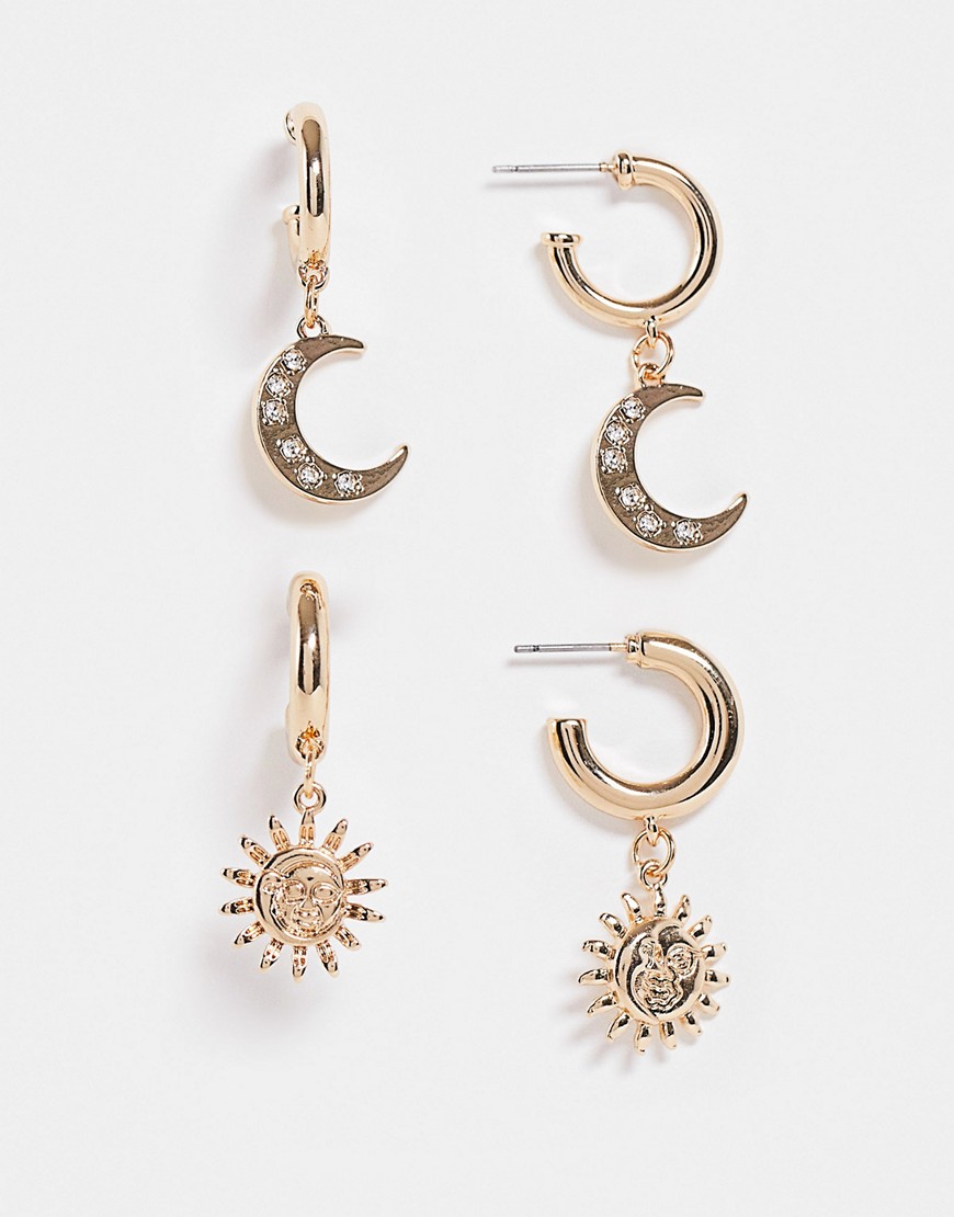 Monki sun and moon 2 pack drop hoop earrings in gold