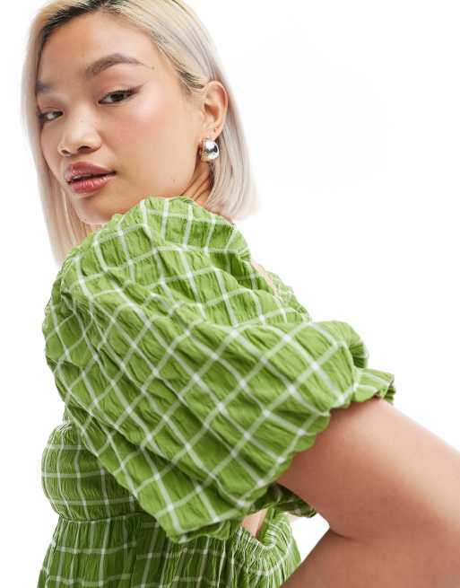 Monki - Sundress i midilængde med niveauinddeling og åben ryg med grønne gittertern, 3 af 4