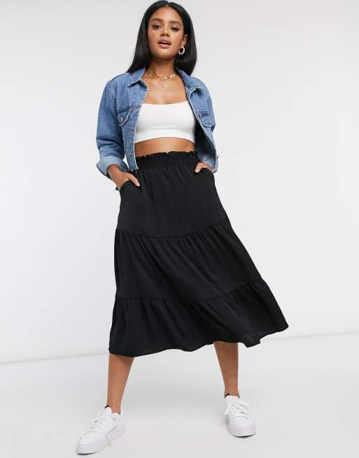 Monki Sunny washed satin tiered midi skirt in black | ASOS