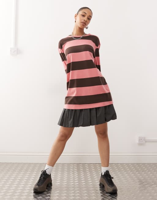 Monki - Super oversized gestreept T-shirt met lange mouwen in bordeauxrood en roze, 2 van 4