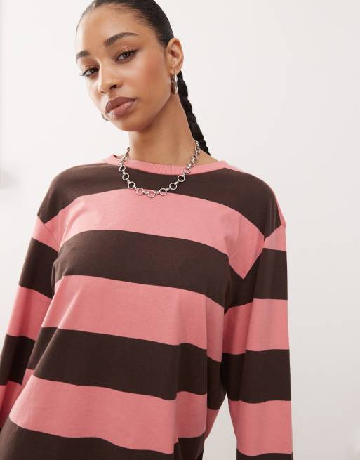 Monki - Super oversized gestreept T-shirt met lange mouwen in bordeauxrood en roze, 3 van 4
