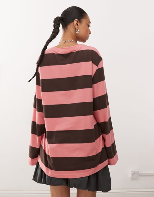 Monki - Super oversized gestreept T-shirt met lange mouwen in bordeauxrood en roze, 4 van 4
