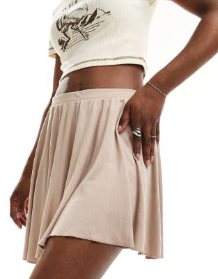 Monki Super Soft Cupro A-line Mini Skirt In Beige-neutral