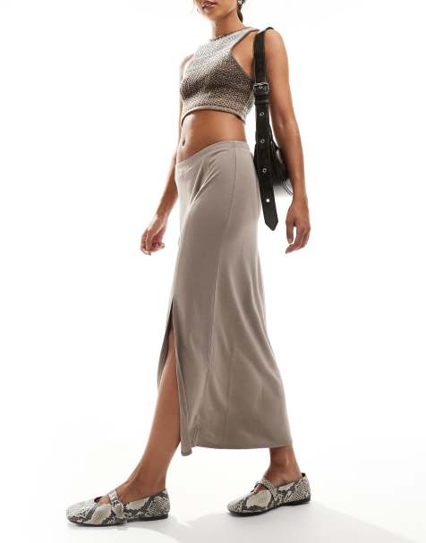 Monki super soft jersey midi skirt with elastic fold in mole beige - view 1