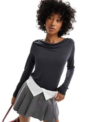 Monki Super Soft Long Sleeve Boat Neck Top In Charcoal Black