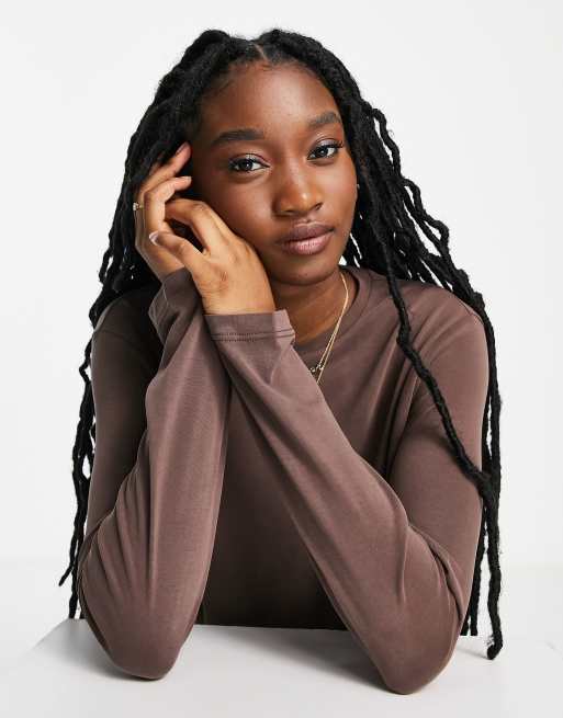 Monki super soft long sleeve top in brown