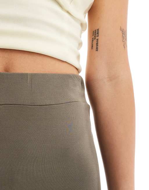 Monki super soft low waist flare jersey pants in khaki brown