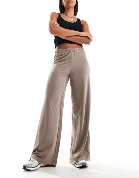Monki super soft low waist wide leg jersey pants in beige - view 1