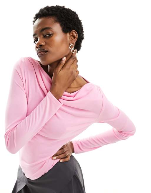 Monki - Superzachte top met lange mouwen en boothals in roze