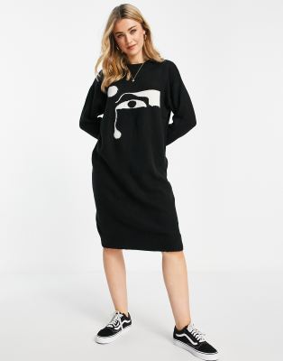 Monki – Svart mönstrad midiklänning i stickad polyester - BLACK
