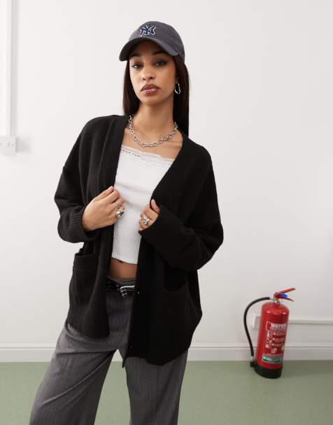 Monki – Svart, stickad kofta i oversize med knäppning framtill - view 1