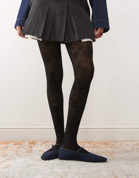 Monki – Svarta, blommiga tights med spets - view 1