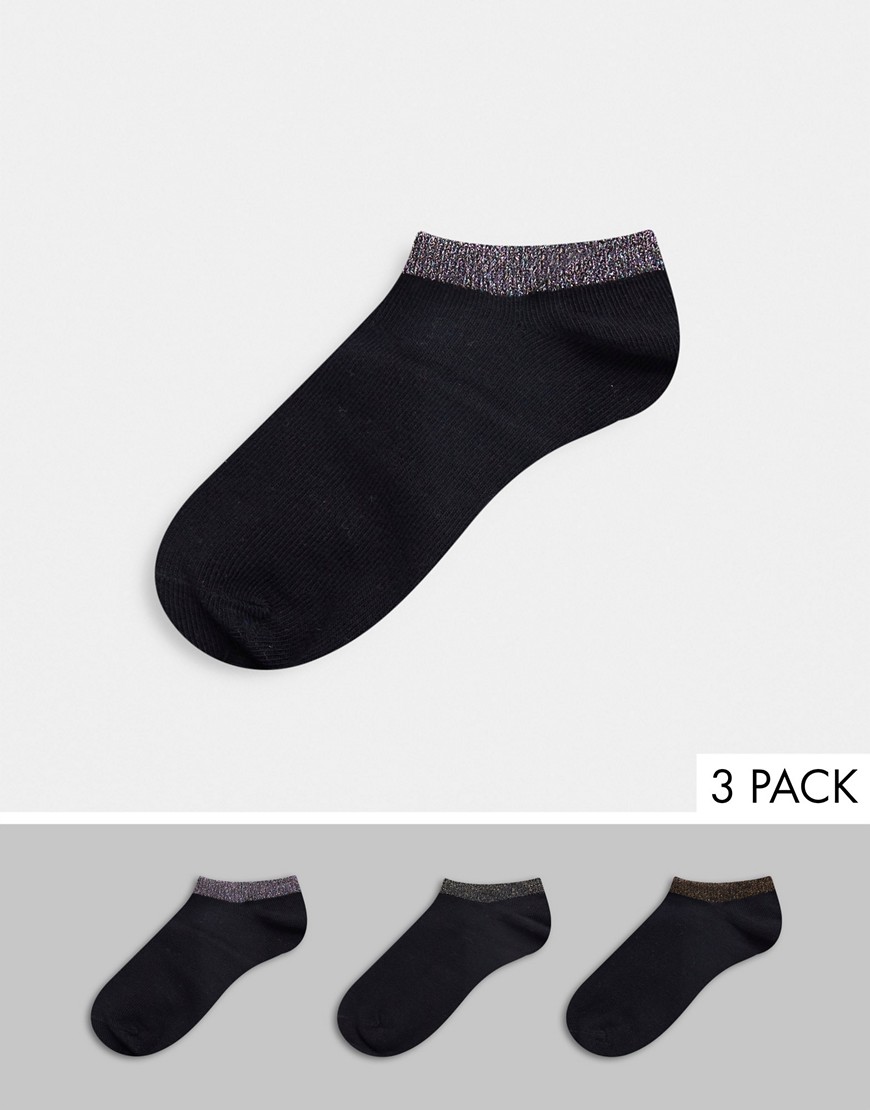 Monki – Svarta sneakersstrumpor i ekologisk bomull med glitterkanter i 3-pack