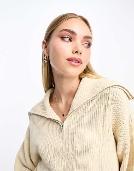 Monki - Sweat en maille à col montant zippé - Blanc cassé, 4 de 4