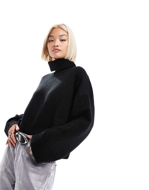Monki - Sweat en maille à col roulé - Noir chiné
