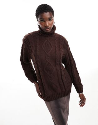 Monki heavy knitted roll neck sweater in dark brown - ASOS Price Checker