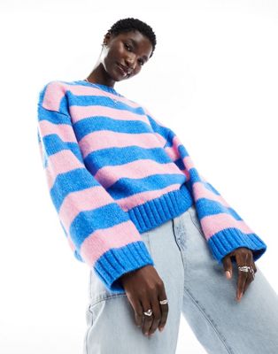 Monki crew neck knitted sweater in blue and pink stripe - ASOS Price Checker