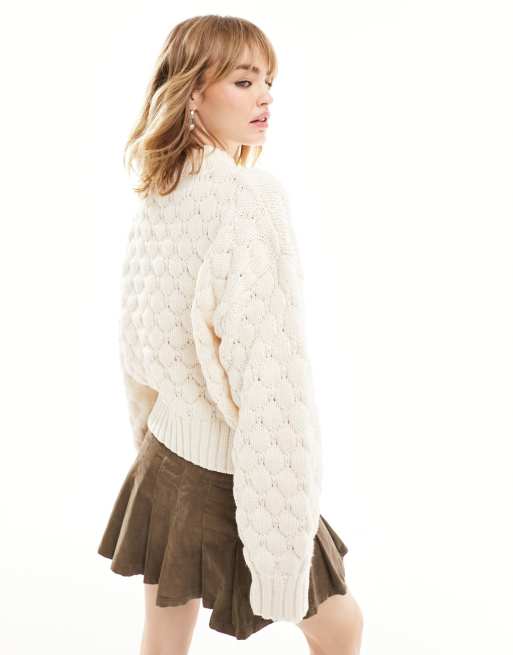 Monki - Sweater i kraftig hvid strik med ribstrikkede kanter og sømkant, 3 af 4