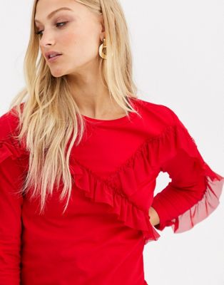Monki - Sweatshirt med flæsepanel-Rød