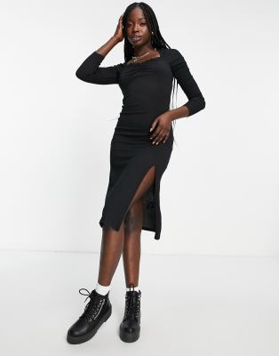 Monki sweetheart neckline long sleeve midi dress in black