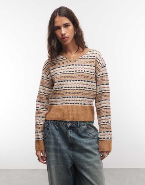 Monki sweter dzianinowy z dekoltem w serek w brązowy wzór fair isle w paski - view 1