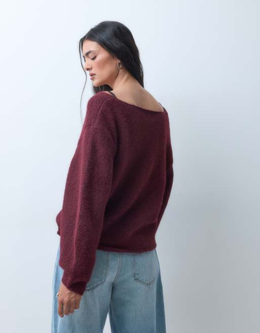 Monki sweter dzianinowy z dekoltem w serek w kolorze bordowym, 3 z 5