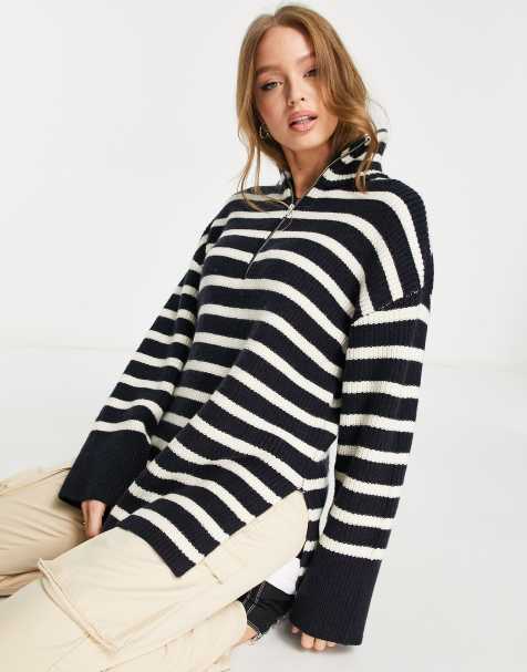 Monki oversized zip neck jumper in navy and off white stripe