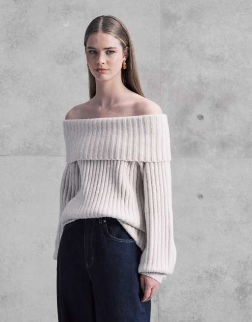 Monki – Sweter oversize z dekoltem bardot w melanżowym kolorze złamanej bieli, 3 z 4