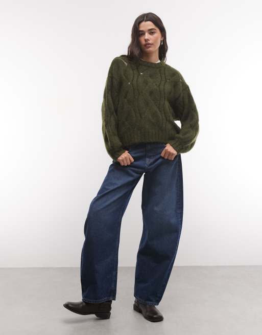 Monki sweter pudełkowy o warkoczowym splocie w kolorze khaki, 2 z 4