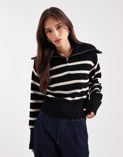 Monki high zip neck knitted jumper in black and white stripe